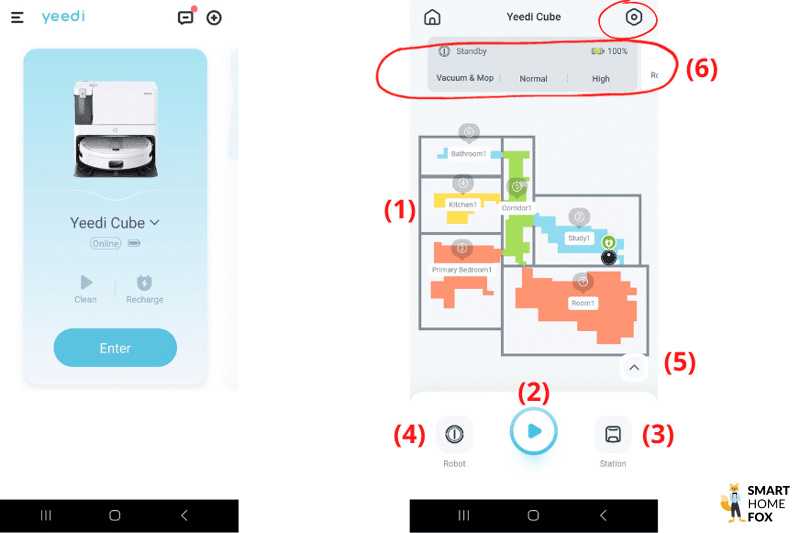 Die Startseite der Yeedi Cube App ist zu sehen.